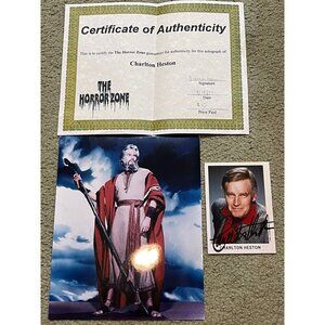 1997 Signed Autograph Photo Charlton Heston Omega Man, Moses- 2 Photo Lot W/ Coa